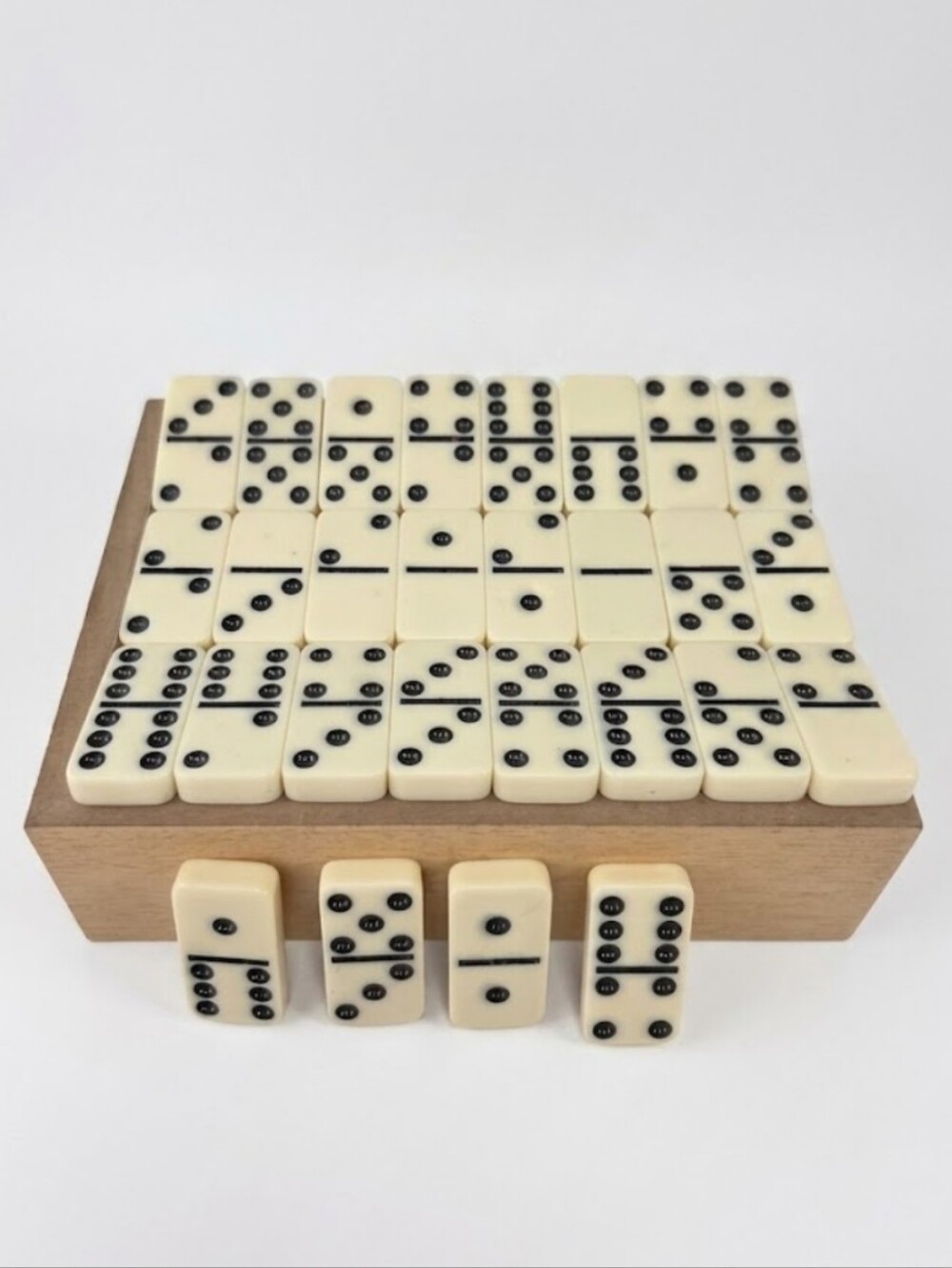 Vintage Melamine Double-Six Dominoes Complete Set in Wooden Box Faux Bone